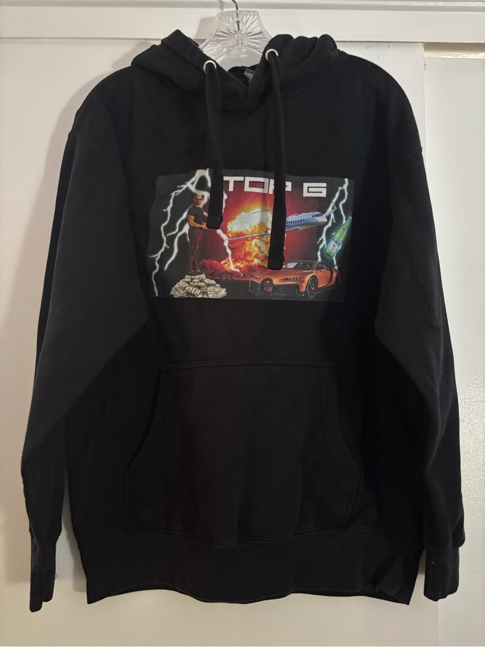 Black Graphic Crewneck Hoodie with Collage Print